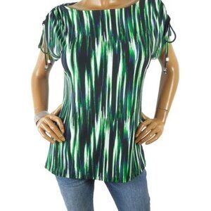MICHAEL KORS Navy Green & White Drawstring Cap Sleeve Boat Neck Shirt NWT